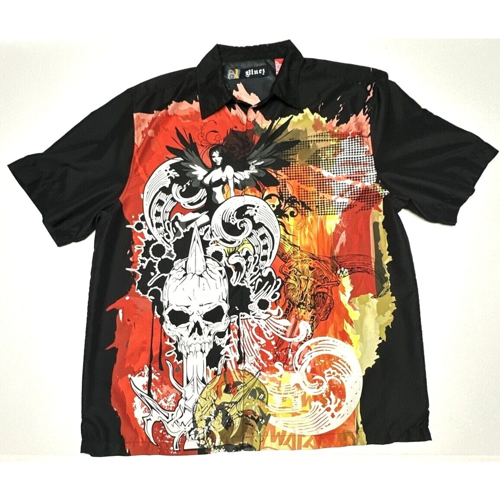Bluez Streetwear Button Up Mens Shirt L Vintage Abstract Art To Wear‎ Club Glam